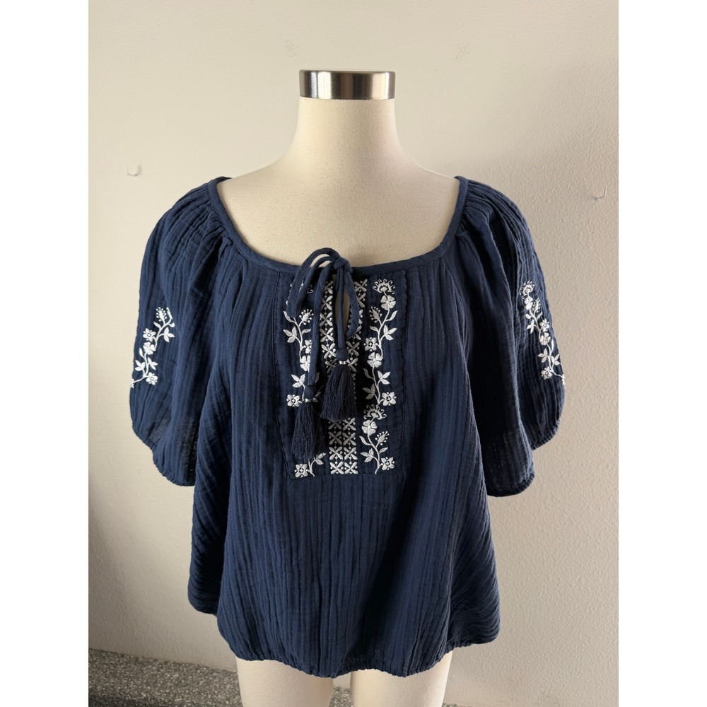 Lucky Brand Womens XL Blue Embroidered Cotton Gauze Peasant Blouse Tassel Top